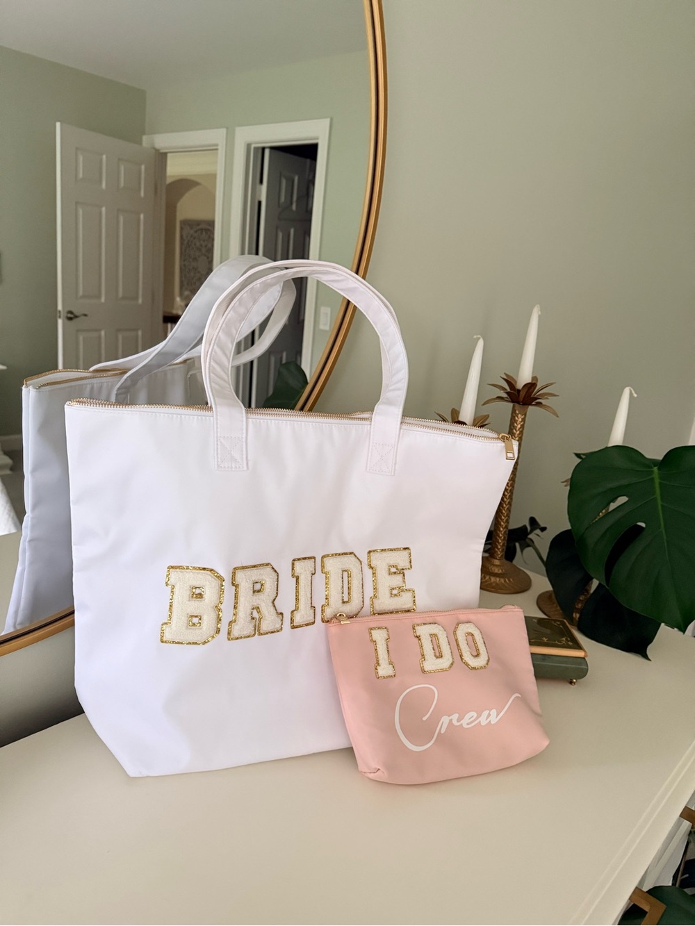 White "BRIDE" Tote with Pink "I DO Crew" Pouch